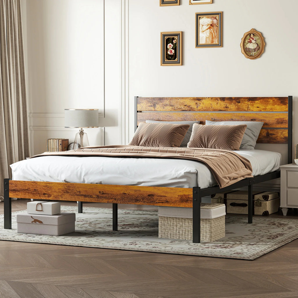 MCQ Wooden Headboard Metal Platform Bed Frame With Sturdy Slat Support