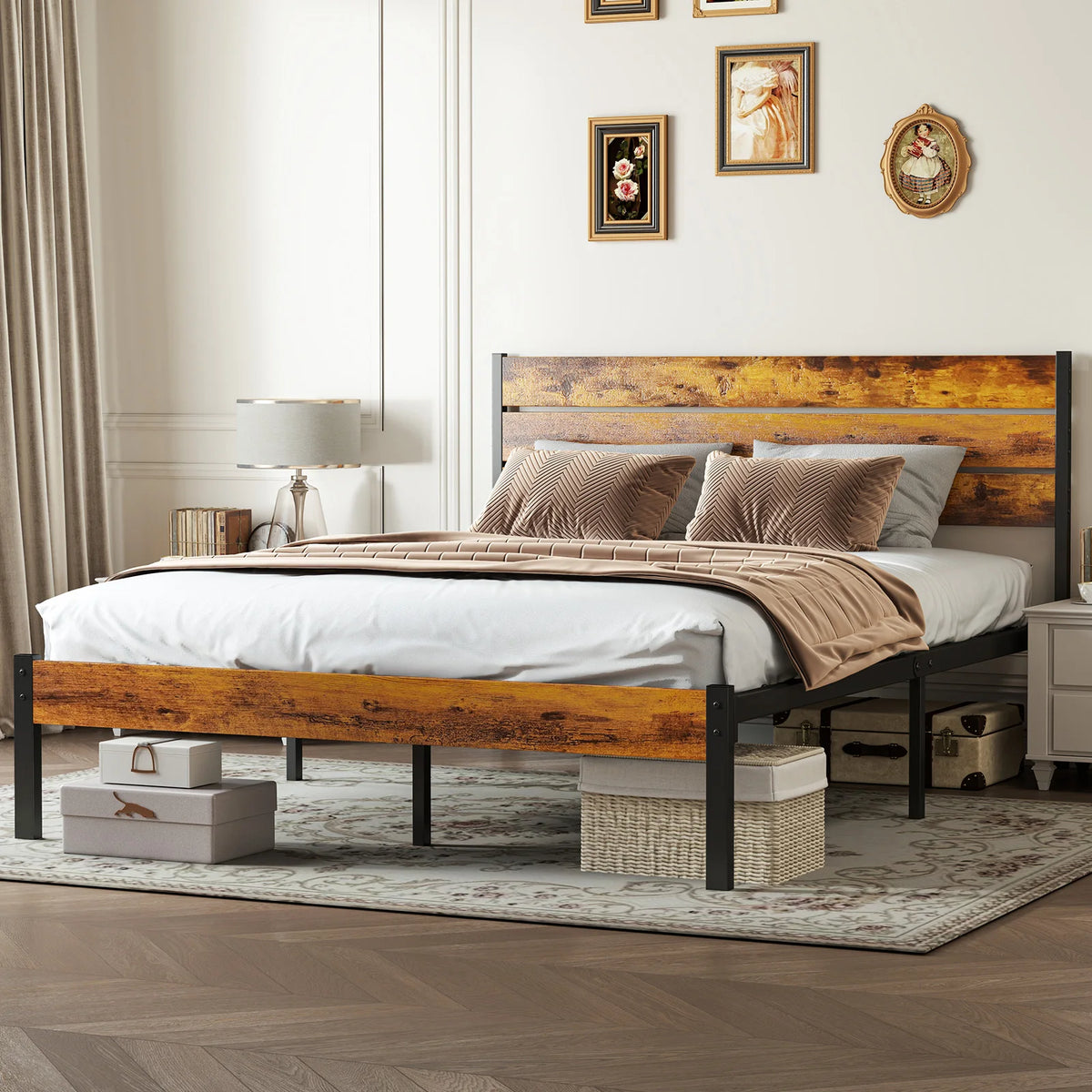 MCQ Wooden Headboard Metal Platform Bed Frame With Sturdy Slat Support