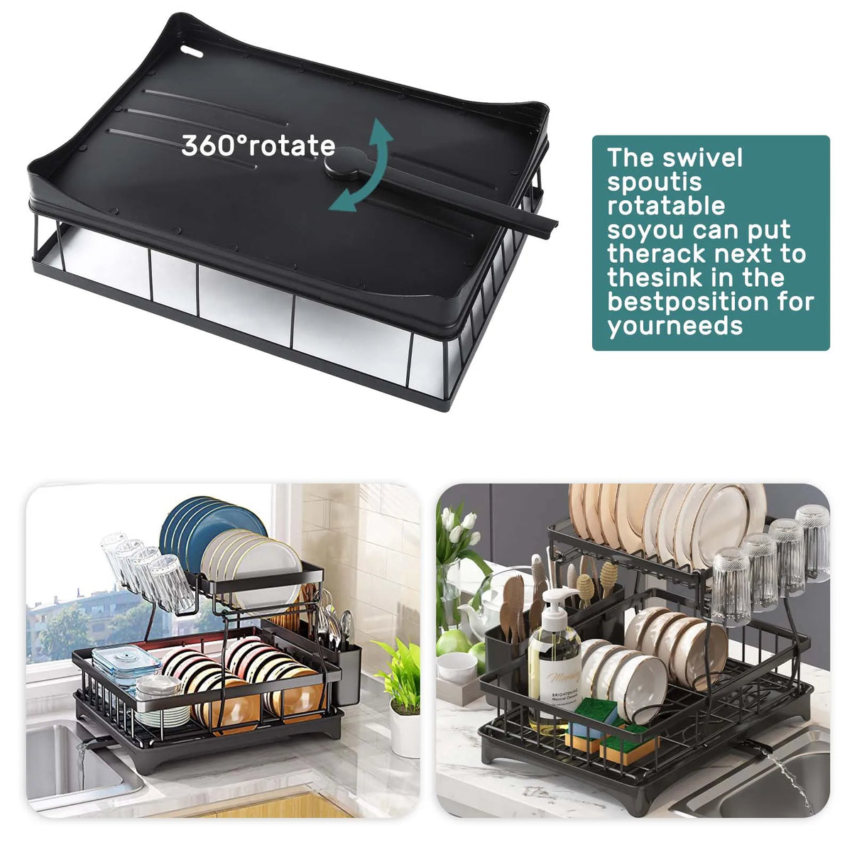 Two Tier Dish Drying Rack With Removable Draining Design