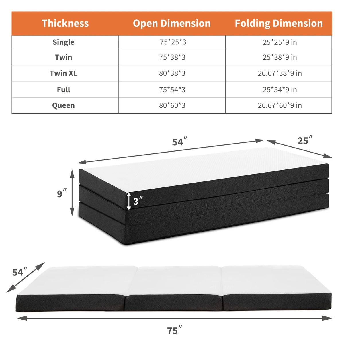 JHK CertiPUR-US Three Fold Memory Foam Floor Bed for Travel