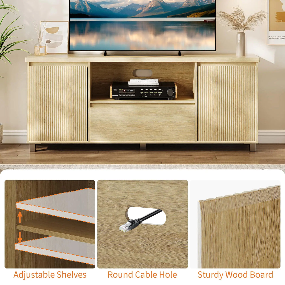 HiMISS Modern TV Stand With Fluted Cabinets And Open Shelves