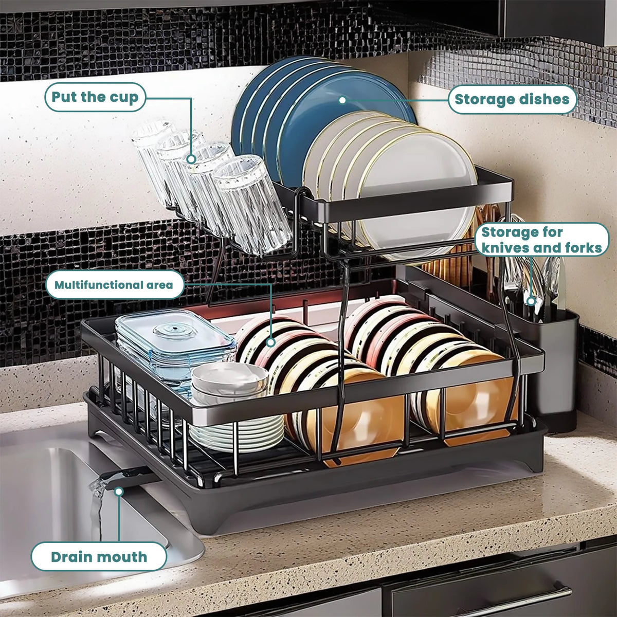 Two Tier Dish Drying Rack With Removable Draining Design