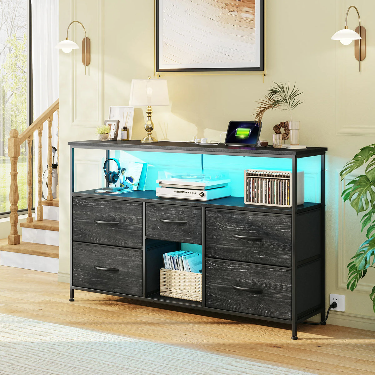EnHomee Five Drawer TV Console Featuring LED Accent Lighting